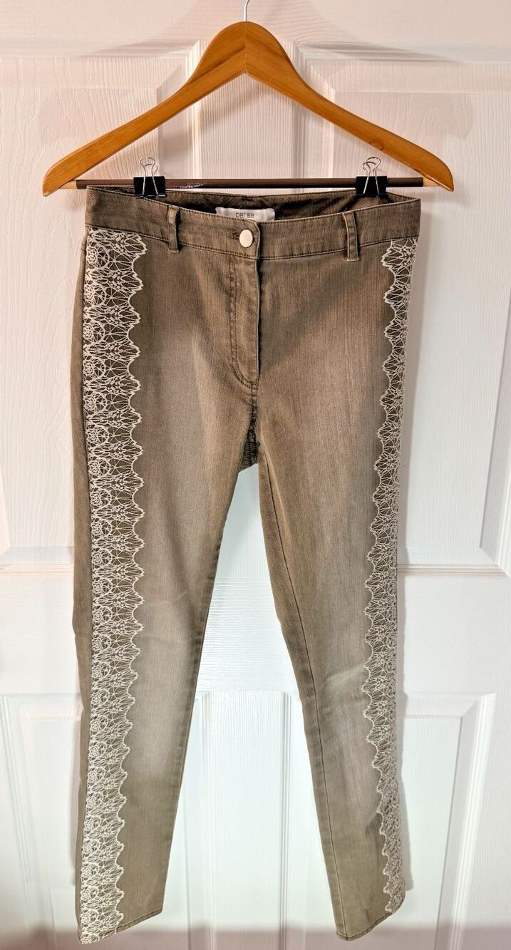 Per Se Womens Skinny Jeans Size 0 Taupe Lace Side Panel Stretch Denim Pants